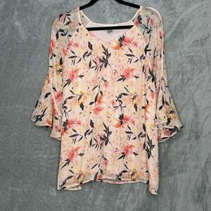 CJ Banks 1X Shirt Top Pink Floral Flower Bell 3/4 Sleeve V Neck Semi Sheer Women